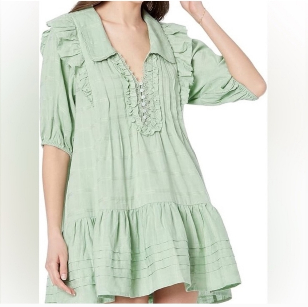 Free People Elora Pleated Ruffle Mini Dress L Windownpane Mermaid Tail Green$148 - Picture 11 of 11